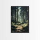 Forest Path Landscape Framed Canvas Print with Pine Tree Art, Rustic Decor and Serene Nature Above Sofa Artwork