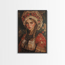 Vintage Folk Art Framed Canvas Print Featuring European Woman in Garden with Rustic Boho Aesthetic, Perfect Gift Idea for Her