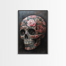 Skull Art Framed Canvas Print with Intricate Floral Patterns in Gothic Boho Style, Chinoiserie-Inspired Rustic Bedroom or Living Room Art