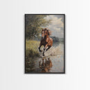 Splashed Stallion Crossing Water Framed Canvas Print Vintage Horse Art Rustic Wall Art Living Room Gift Idea Boho Style