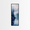 Foggy River, landscape painting, lake Tahoe art, blue and green wall art, pine tree art, zen wall art, Framed Canvas Print, bedroom art