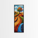 Colorful Fields, folk art, Russian folk art, pink orange wall art, bright and bold, framed canvas print, extra wide art