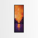 Fiery Sunset Reflection, mountain painting, moody art, forest at dusk painting, pine tree art, framed canvas print, vertical wall art