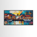 Coastal Village Painting, Nautical Wall Art, Tropical Landscape Art, Vibrant Art, Beach House Decor, Extra Wide Art, Canvas Print