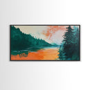 Forest Lake, pine tree art, landscape painting, rustic wall art, autumn painting, extra wide art, wabi sabi art, Framed Canvas Print