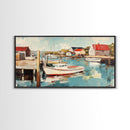 Harbor Boats, Nantucket painting, coastal painting, nautical wall art, fisherman painting, framed canvas print, extra wide art