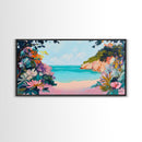 Tropical Beach, coastal wall art, Hawaii art, pink orange wall art, extra wide art, panoramic painting, framed canvas print