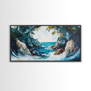 Ocean Cave, coastal landscape art, seascape painting, blue and green wall art, framed canvas print, extra wide art, beach painting