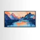 Twilight Peaks, pink orange wall art, framed canvas print, panoramic painting, above sofa art, extra wide art, landscape painting