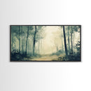 Foggy Forest Path, forest at dusk painting, pine tree art, wabi sabi art, moody art, extra wide art, rustic wall art, Canvas Print
