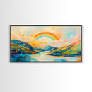 Rainbow Over Mountains, landscape painting, panoramic art, framed canvas print, extra wide art, mountain painting, colorful art