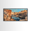 Canyon River, southwest landscape, desert cliffs, textured painting, extra wide art, panoramic art, Framed Canvas Print, rustic decor