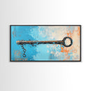 Rustic Key Painting, teal wall art, farmhouse art, coastal decor, framed canvas print, wabi sabi art, extra wide art, moody art