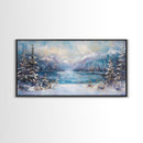 Lake Tahoe Art, Snowy Landscape, Winter Cabin Decor, Framed Canvas Print, Blue and Green Wall Art, Horizontal Wall Art