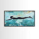 Woman Swimming, teal wall art, moody art, minimalist art, extra wide art, coastal decor, beach house art, Canvas Print