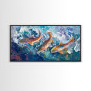 Koi Fish Painting, Framed Canvas Print, fly fishing art, trout art, extra wide painting, colorful fish painting, panoramic art