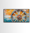 Rustic Wagon Wheel, Canvas Print, western wall art, rustic decor, farmhouse art, extra wide painting, horizontal wall art