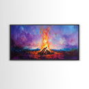 Campfire painting, rustic decor, boho art, mountain painting, cozy fire, scenic landscape, extra wide art, framed canvas print, warm glow