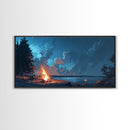 Campfire by lake, coastal decor, nautical wall art, scenic night, moody painting, extra wide art, panoramic art, canvas print, above sofa art