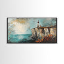 Lighthouse at Cliff, nautical wall art, coastal decor, dramatic seascape painting, panoramic painting, Framed Canvas Print, above sofa art