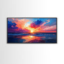 Sunset Beach, pink orange wall art, seascape painting, coastal wall art, panoramic art, ocean waves, extra wide art, Canvas Print