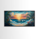 Tropical Waves, palm tree painting, Hawaii art, seascape painting, coastal decor, ocean painting, beach waves, Framed Canvas Print