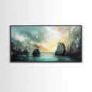 Ocean Cliffs, landscape painting, nautical wall art, moody art, wabi sabi art, extra wide art, textured art, Framed Canvas Print