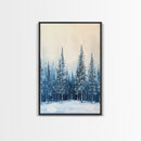 Winter Forest Scene, pine tree art, rustic wall art, moody art, landscape painting, minimalist art, Framed Canvas Print