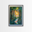 Forest Sunrise Path, wildflower painting, forest at dusk painting, wabi sabi wall art, whimsical art, Canvas Print