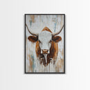 Longhorn, Rustic, Western, Framed Canvas Print, bull and bear art, rustic wall art, farmhouse art, moody art, vintage horse art