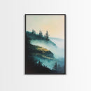 Foggy Mountains, mountain painting, smoky mountain art, pine tree art, forest at dusk painting, Framed Canvas Print, bedroom art
