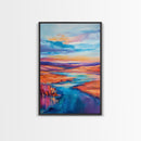 Vibrant River, landscape painting, wabi sabi art, coastal landscape art, Canvas Print, horizontal wall art, panoramic art, farmhouse art