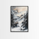 Snowy Mountain Scene Canvas Print Winter Wonderland Wall Art, Alpine Landscape Painting, Cozy Cabin Decor, Neutral Holiday Artwork