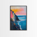 Sunset Cliff Framed Canvas Print Coastal Seascape Wall Art Vibrant Ocean Painting Modern Beach House Decor Relaxing Home Gift