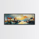 Seaside Village Harbor Canvas Print Coastal Boats Wall Art Nautical Fishing Town Decor Rustic Beach House Artwork Framed Print