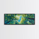 Sunlit Forest Framed Canvas Print Vibrant Nature Wall Art, Green Tree Canopy Painting, Bright Boho Decor, Botanical Living Room Art