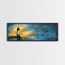 Lighthouse at Dusk Art, Nautical Coastal Painting, Moody Blue and Gold Wall Decor, Ocean Scene Artwork, Tranquil Living Room Art