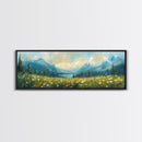 Mountain Lake Meadow Painting, Serene Nature Landscape, Cozy Cabin Art, Blue and Green Rustic Bedroom Wall Decor, Framed Canvas Print