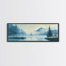 Foggy Mountain Lake Framed Canvas Print Tranquil Nature Wall Art, Misty Forest Landscape, Cool Blue Artwork, Cabin or Office Decor