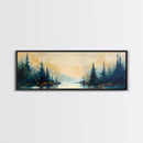 Misty Forest Landscape Wall Art, Blue and Gold Nature Painting, Rustic Cabin Decor, Cozy Woodland Art, Fall Living Room Artwork