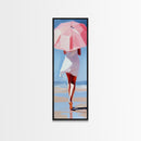 Woman with Umbrella, Summer Vibes, Framed Canvas Print, Coastal Minimalist, Soft Pastel Art, Relaxing Wall Art, Living Room Decor