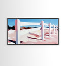 White Fence, Coastal Landscape, Pastel Beach Art, Framed Canvas Print, Minimalist Wall Decor, Ocean View Painting, Summer Art