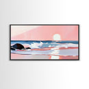 Sunset Beach, Ocean Waves, Framed Canvas Print, Coastal Wall Art, Pink Sky Painting, Living Room Decor, Tropical Seascape