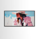 Woman, Sun Hat, Beach, Framed Canvas Print, Fashion Art, Minimalist Style, Boho Home Decor, Coastal Chic, Pastel Summer Painting