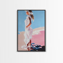 Woman in White, Summer Art, Elegant Coastal Decor, Framed Canvas Print, Beach Painting, Modern Boho Wall Art, Bedroom Wall Art