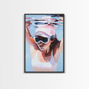 Woman swimming, Coastal Serenity Art, Framed Canvas Print, Modern Beach House Decor, Soft Pastel Seascape, Minimalist Landscape Painting