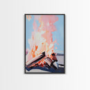 Sunset Flames, Campfire Glow, Coastal Night, Framed Canvas Print, Cozy Warmth, Rustic Outdoor Art, Fall Wall Decor, Cabin Aesthetic