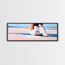 Woman, Pink Dress, Ocean Waves, Framed Canvas Print, Feminine Wall Art, Romantic Beach Scene, Soft Pastel Aesthetic, Dreamy Home Decor