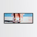 Woman Relaxing, Beach Chair Art, Coastal Summer Scene, Framed Canvas Print, Minimalist Boho Decor, Serene Seaside Home Artwork