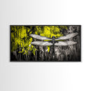 Dragonfly Art, Nature Insect, Modern Botanical, Black and White Sketch, Yellow Green Abstract, Framed Canvas Print, Bedroom Wall Decor